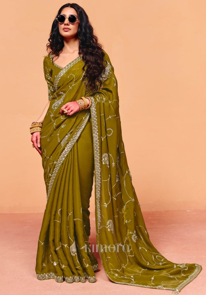 Olive Green Shimmer Chinon Saree with Zari, Sequin and Meenakari Embroidery, Designer Mehendi and Evening Cocktail Wear