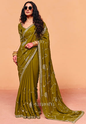 Jiya Shimmer Chinon Saree in Olive Green
