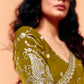 Olive Green Shimmer Chinon Saree with Zari Sequin Meenakari Embroidery and Paisley Print Blouse, Elegant Mehendi and Cultural Event Wear