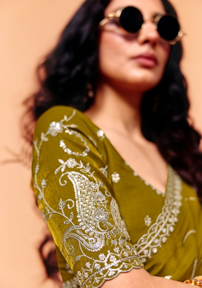Olive Green Shimmer Chinon Saree with Zari Sequin Meenakari Embroidery and Paisley Print Blouse, Elegant Mehendi and Cultural Event Wear