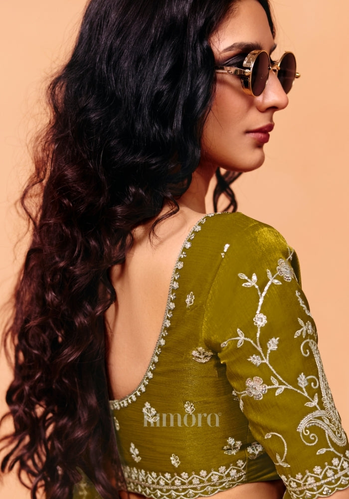 Olive Green Blouse with Contemporary Paisley Print Design, Designer Blouse for Mehendi and Festive Sarees