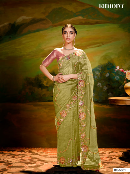 Olive green Pure Silk Saree