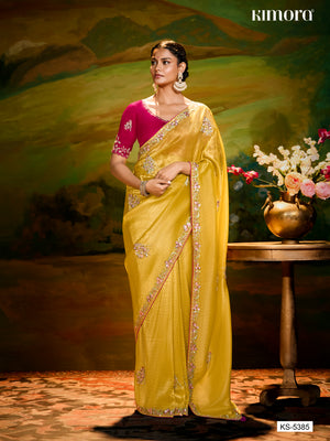 Yellow Silk Saree With Red Blouse & Colorful Embroidery
