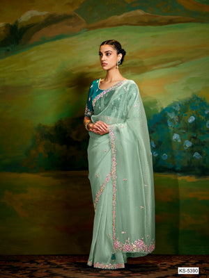 Elegant Sea Green Pure Tissue Silk Saree with Floral Embroidery