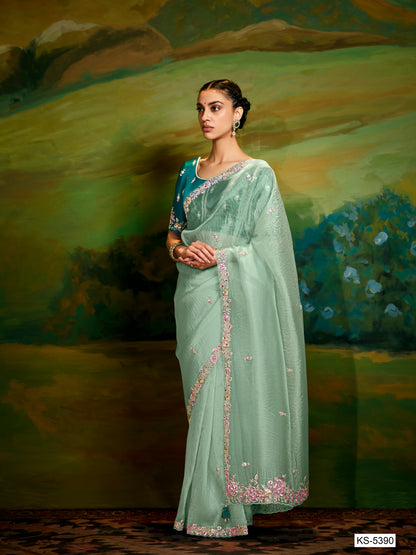 Elegant Sea Green Pure Tissue Silk Saree with Floral Embroidery