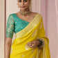 YELLOW DOLA SILK SAREE WITH SEA GREEN GOLDEN EMBROIDERED BLOUSE - Kimora.in