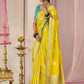 YELLOW DOLA SILK SAREE WITH SEA GREEN GOLDEN EMBROIDERED BLOUSE - Kimora.in
