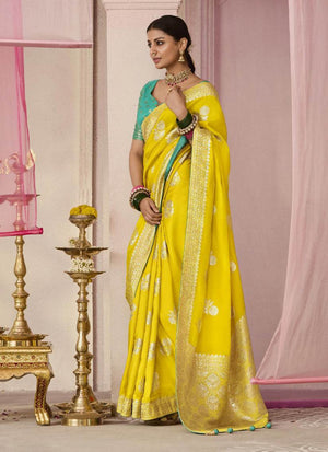 YELLOW DOLA SILK SAREE WITH SEA GREEN GOLDEN EMBROIDERED BLOUSE - Kimora.in