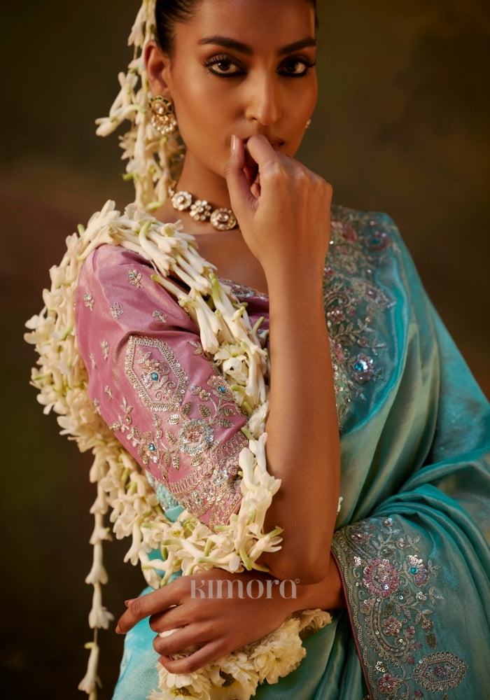 Blue and pink combination embroidered silk saree