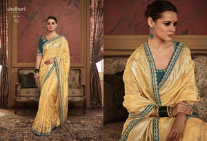 Yellow Banarasi Saree with Teal Green Embroidery