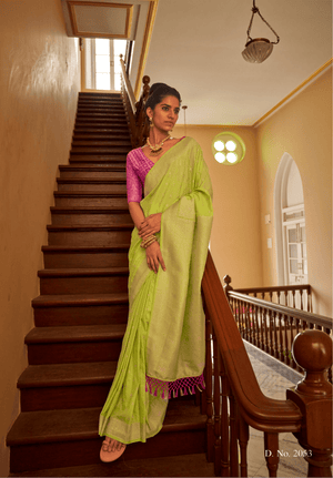LIME GREEN NYLON SILK SAREE SET - Kimora.in