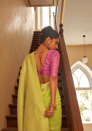 LIME GREEN NYLON SILK SAREE SET - Kimora.in