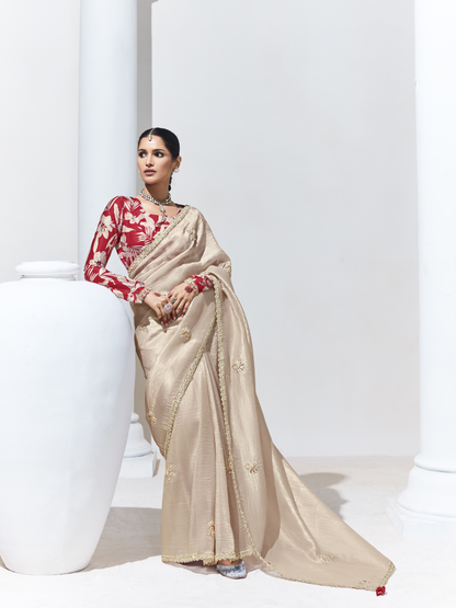 ELEGANT BEIGE SILK SAREE WITH RED BLOUSE