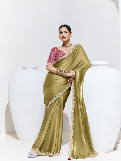 OLIVE GREEN SILK SAREE WITH EMBROIDERED BLOUSE – A TIMELESS ETHNIC STATEMENT