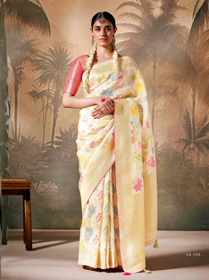 White Saree with Multi-Color Floral Embroidery