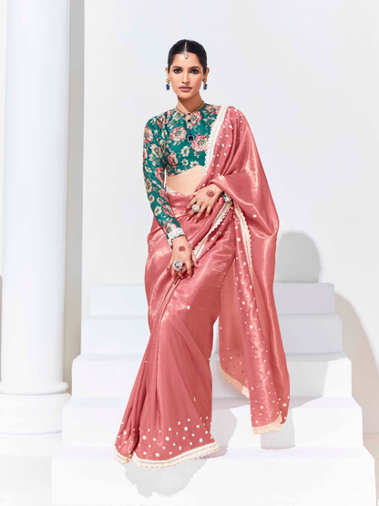 Pink Saree With Green Floral Blouse – A Graceful Ethnic Ensemble