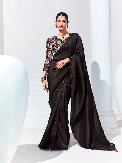 Black Saree with Floral Embroidered Blouse