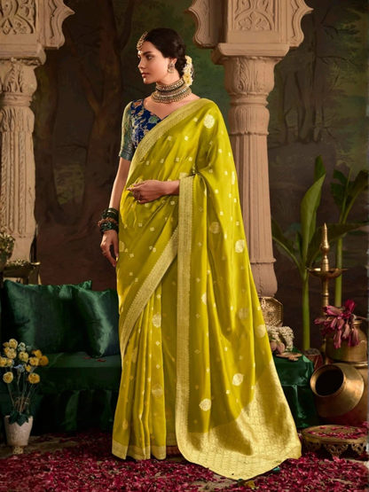 Kanaklata Dola silk Saree In lime-yellow