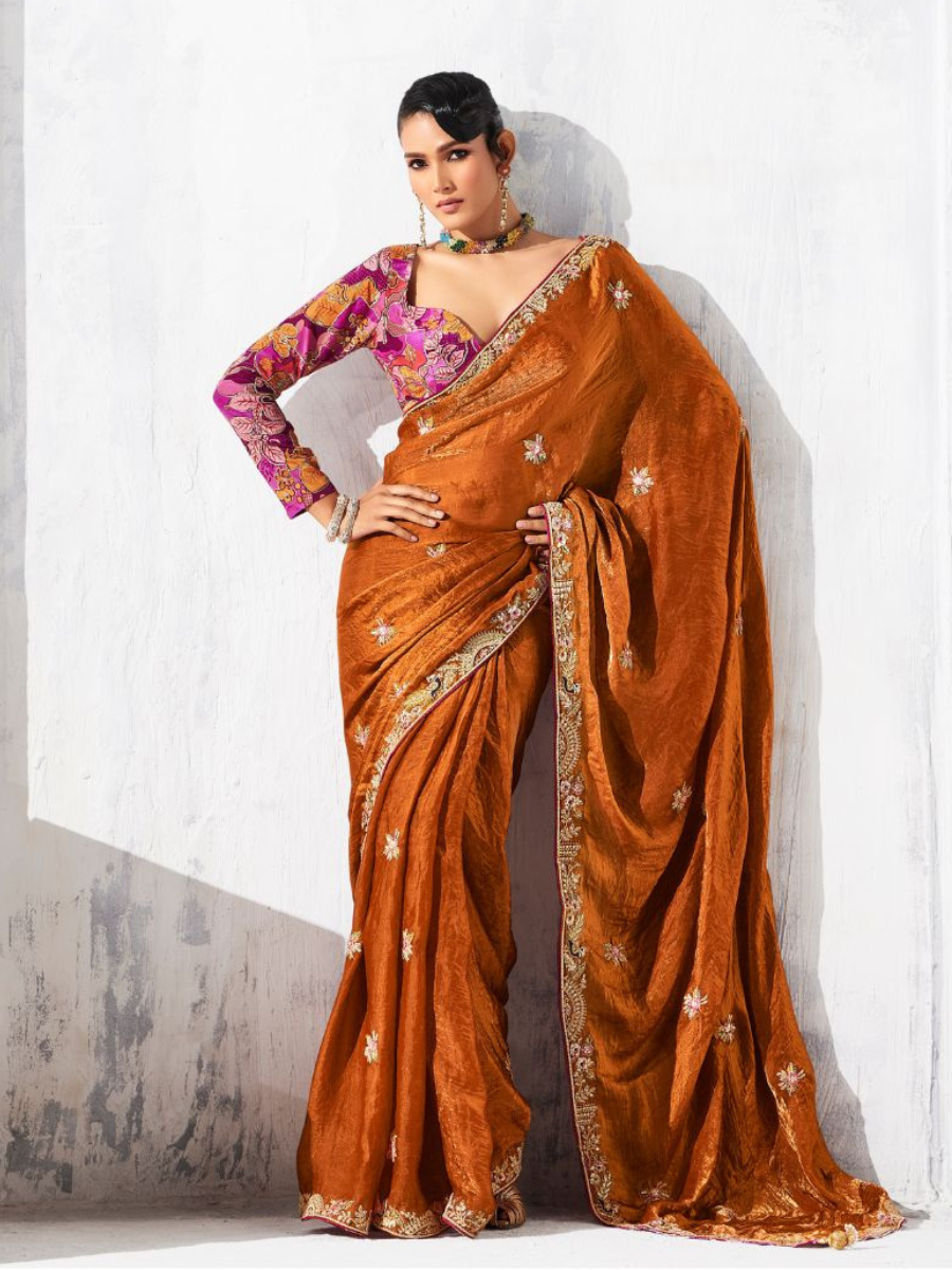 Morika saree in rust