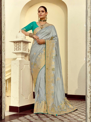 Grey Banarasi Silk Saree with Zari & Moti Work and Teal Contrast Blouse
