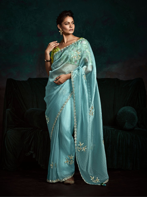 Blue Aura Tissue Silk Saree In Sky blue