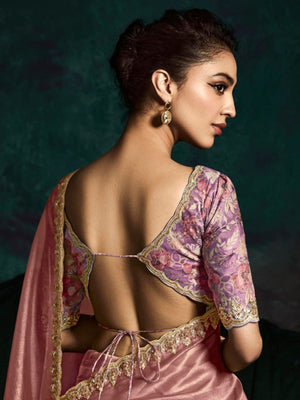 Trendy Peach Pure Tissue Silk Saree with Designer Printed Blouse