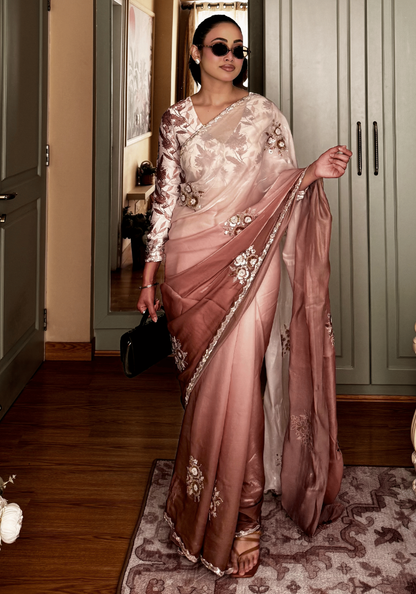 Brown Pure Dola Silk Saree with Golden Weaving, Zari Embroidery and Satin Silk Royal Digital Printed Blouse By Kimora
