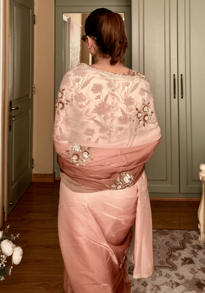 Brown Pure Dola Silk Saree Back  with Intricate Golden Weaving, Delicate Zari Embroidery, Smooth Lustrous Texture and Thread Embroidered Tassels By Kimora
