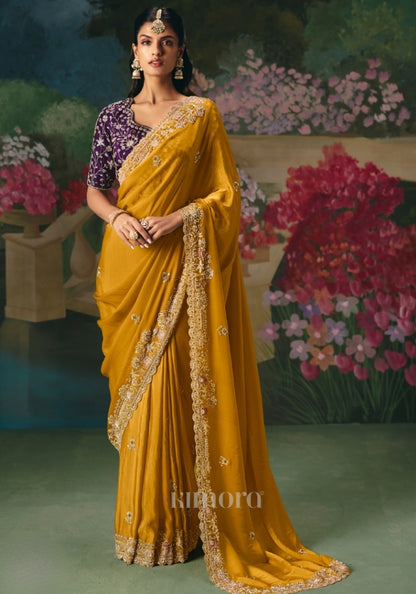 yellow saree heavy work haldi saree for women by kimora 