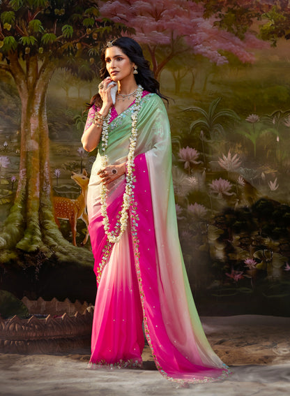 Multicolor Pure Tissue Silk Saree with Embroidered Designer Blouse