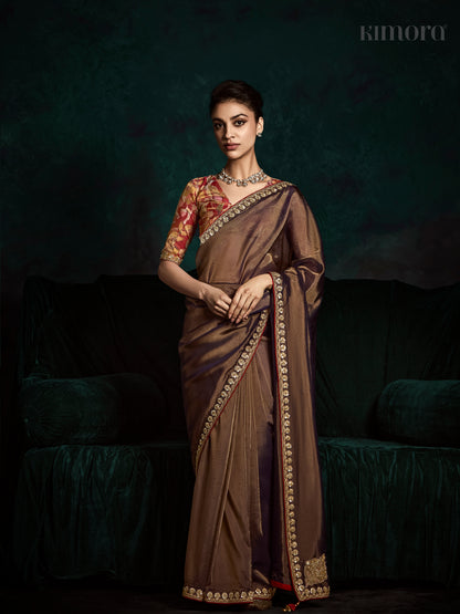 Elegant Brown Tissue Silk Saree with Crush Effect & Designer Printed Silk BlouseElegant Brown Tissue Silk Saree