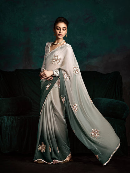 Elegant Double Shade Green & White Organza Saree with White Printed Silk Blouse