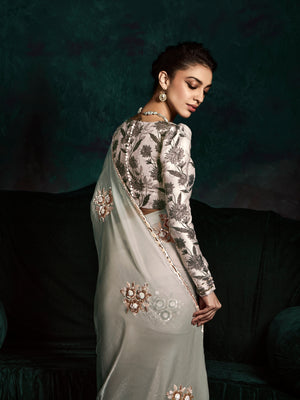 Elegant Double Shade Green & White Organza Saree with White Printed Silk Blouse