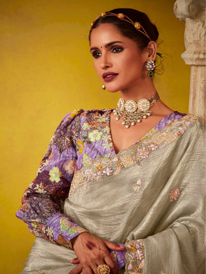 ELEGANT SILVER SAREE WITH ORNATE BLOUSE