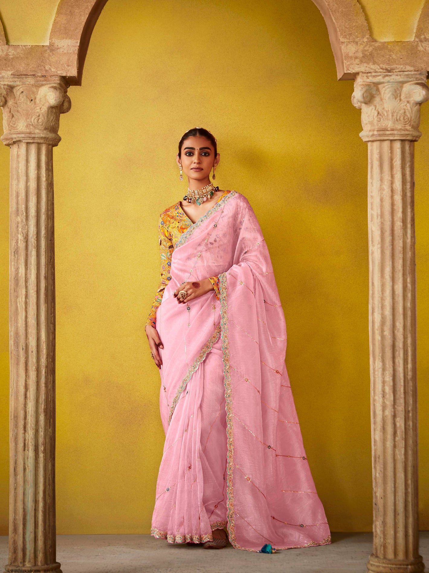 Pink Saree With Floral Embroidered Blousepink Saree With Floral Embroidered Blouse
