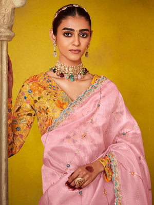 PINK SAREE WITH FLORAL EMBROIDERED BLOUSEPINK SAREE WITH FLORAL EMBROIDERED BLOUSE