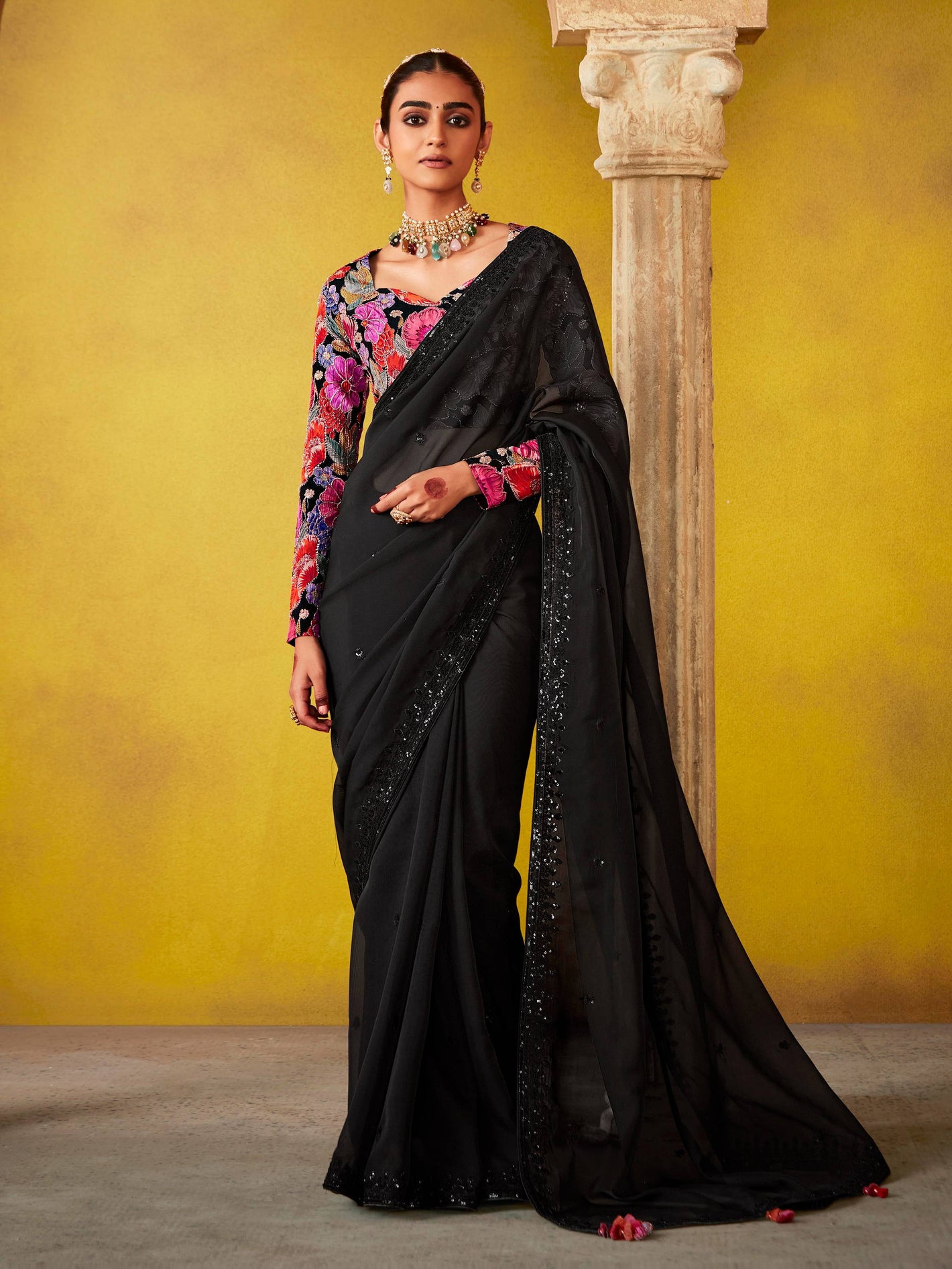Elegant Black Saree With Vibrant Floral Embroidered Blouse