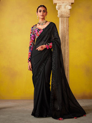 ELEGANT BLACK SAREE WITH VIBRANT FLORAL EMBROIDERED BLOUSE
