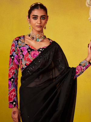 ELEGANT BLACK SAREE WITH VIBRANT FLORAL EMBROIDERED BLOUSE
