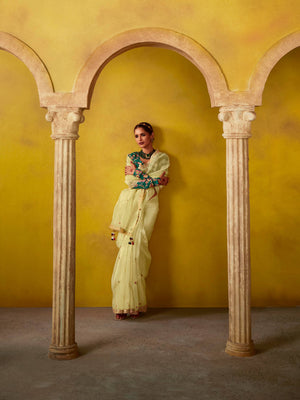 LEMON YELLOW SAREE WITH EMBROIDERED TEAL BLOUSE