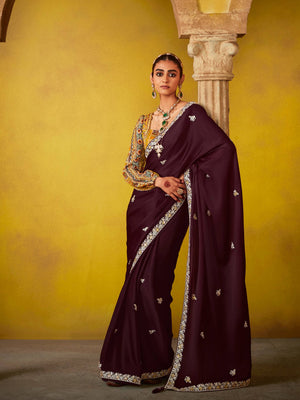 Wine Elegance – Embroidered Saree With Heritage Blouse