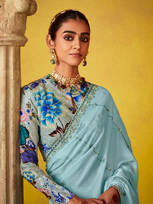 Ethereal Elegance: Blue Silk Saree With Embroidered Blouse