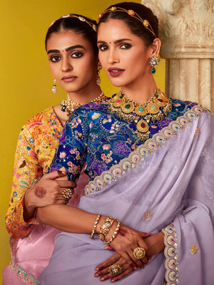 ETHEREAL ELEGANCE: PURPLE SILK SAREE WITH EMBROIDERED BLOUSE