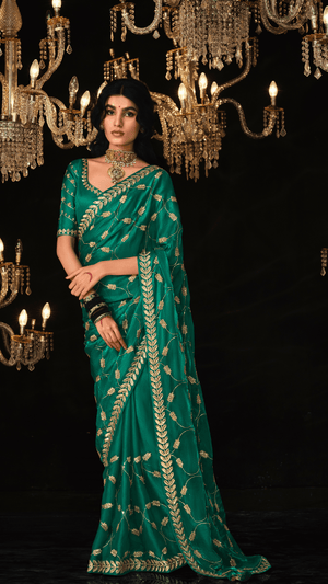 GRACE IN GOLD – GREEN SILK SAREE - Kimora.in