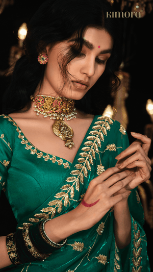 GRACE IN GOLD – GREEN SILK SAREE - Kimora.in