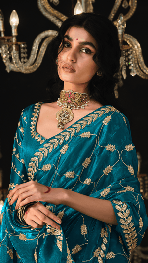 QUEEN OF THE TWILIGHT – PEACOCK BLUE SILK SAREE - Kimora.in