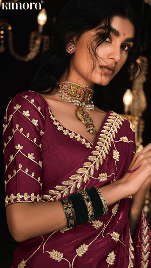 ETERNAL FLAME – RED SILK SAREE WITH GOLDEN JARI EMBROIDERY - Kimora.in