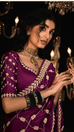 REGAL DREAMS IN VIOLET-Purple Silk Saree with Gold Embroidery - Kimora.in