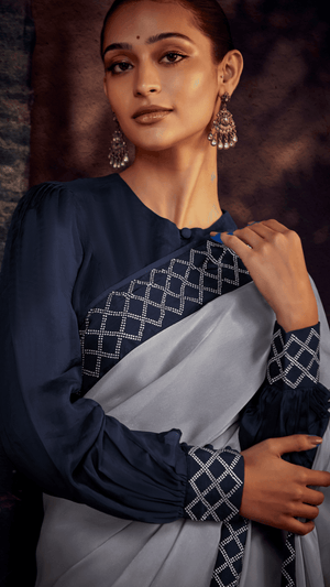 MOONLIT GRACE – SOLID GRAY SILK SAREE - Kimora.in