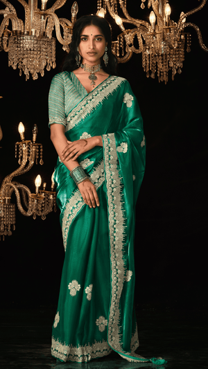 EMERALD AURA – GREEN KANJIVARAM SILK SAREE - Kimora.in
